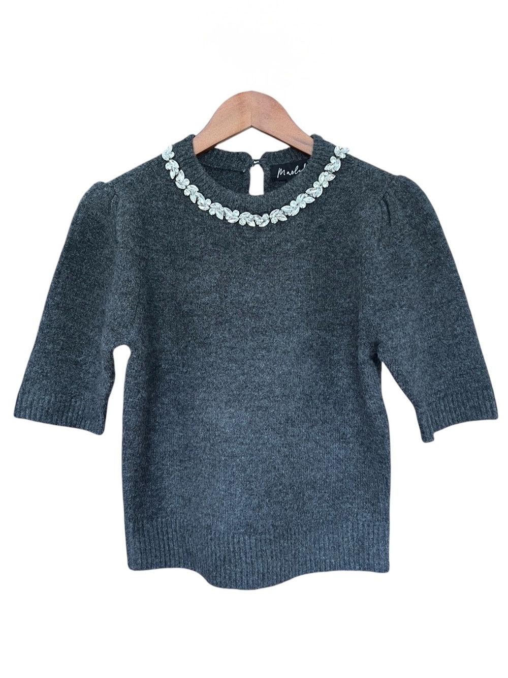 Marled Charcoal Heather Gray Embellished Short Sleeve Sweater Top Size Small NWT